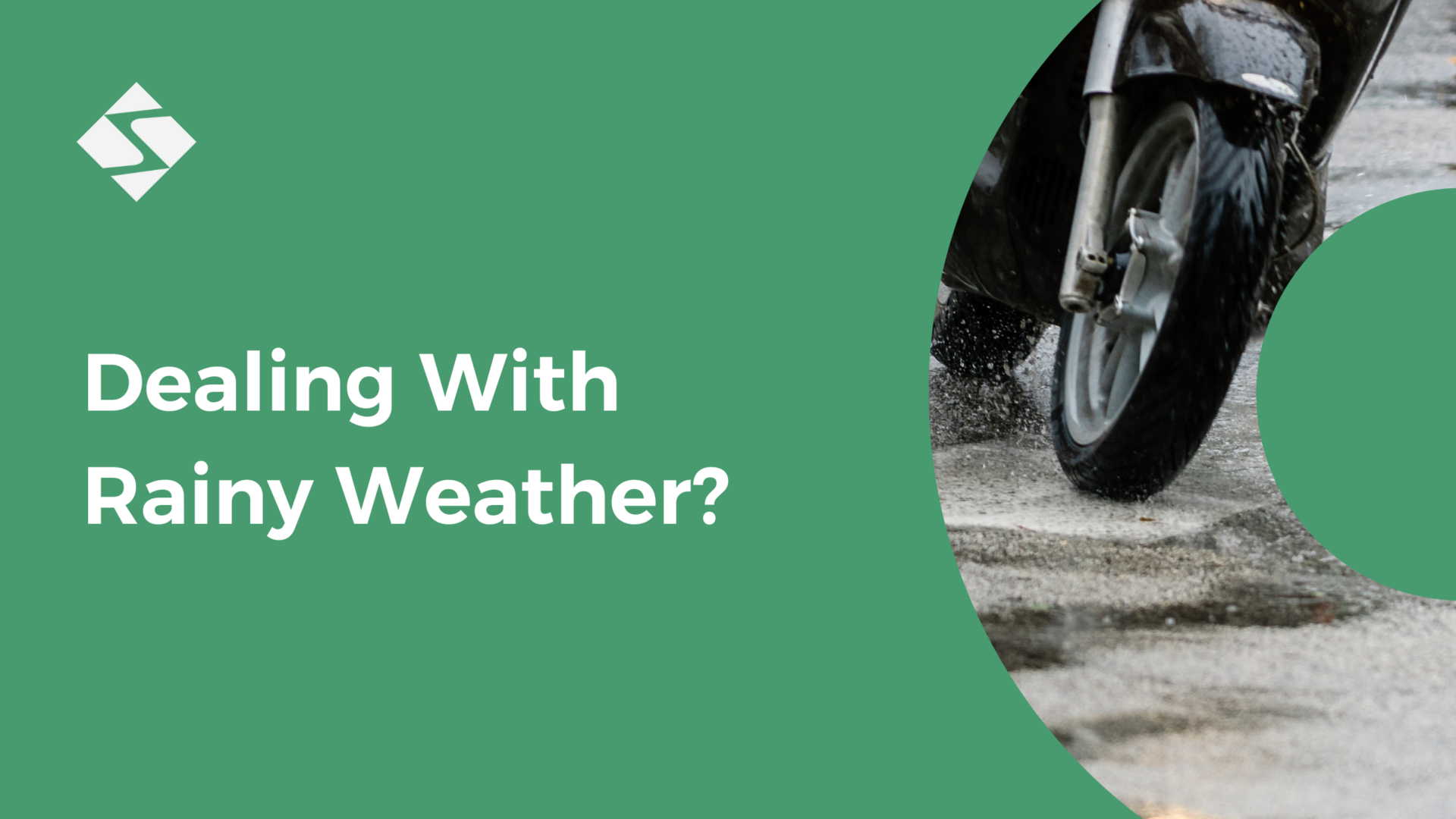 green background with circular photo of scooter in the rain