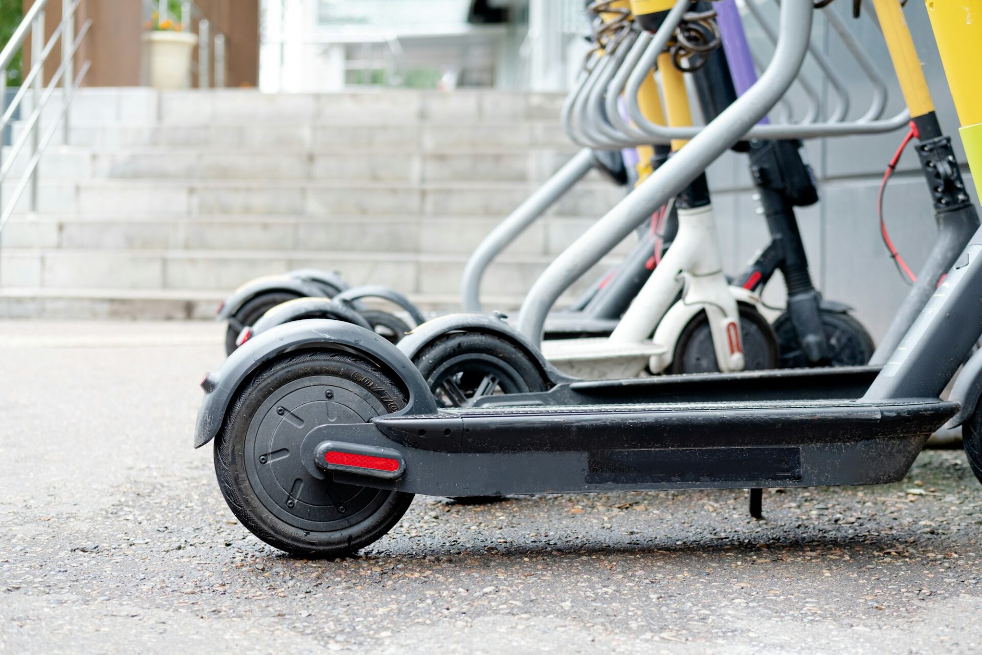 Close-up of durable electric scooters for kids.