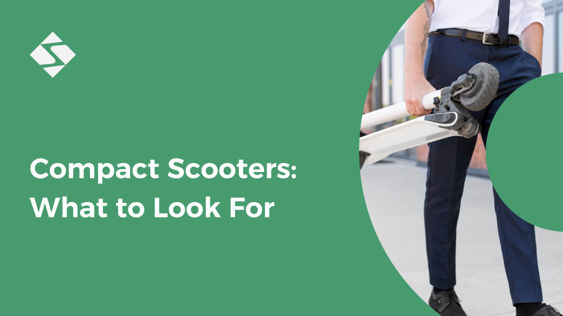 featured image with green background, man holding folded compact scooter