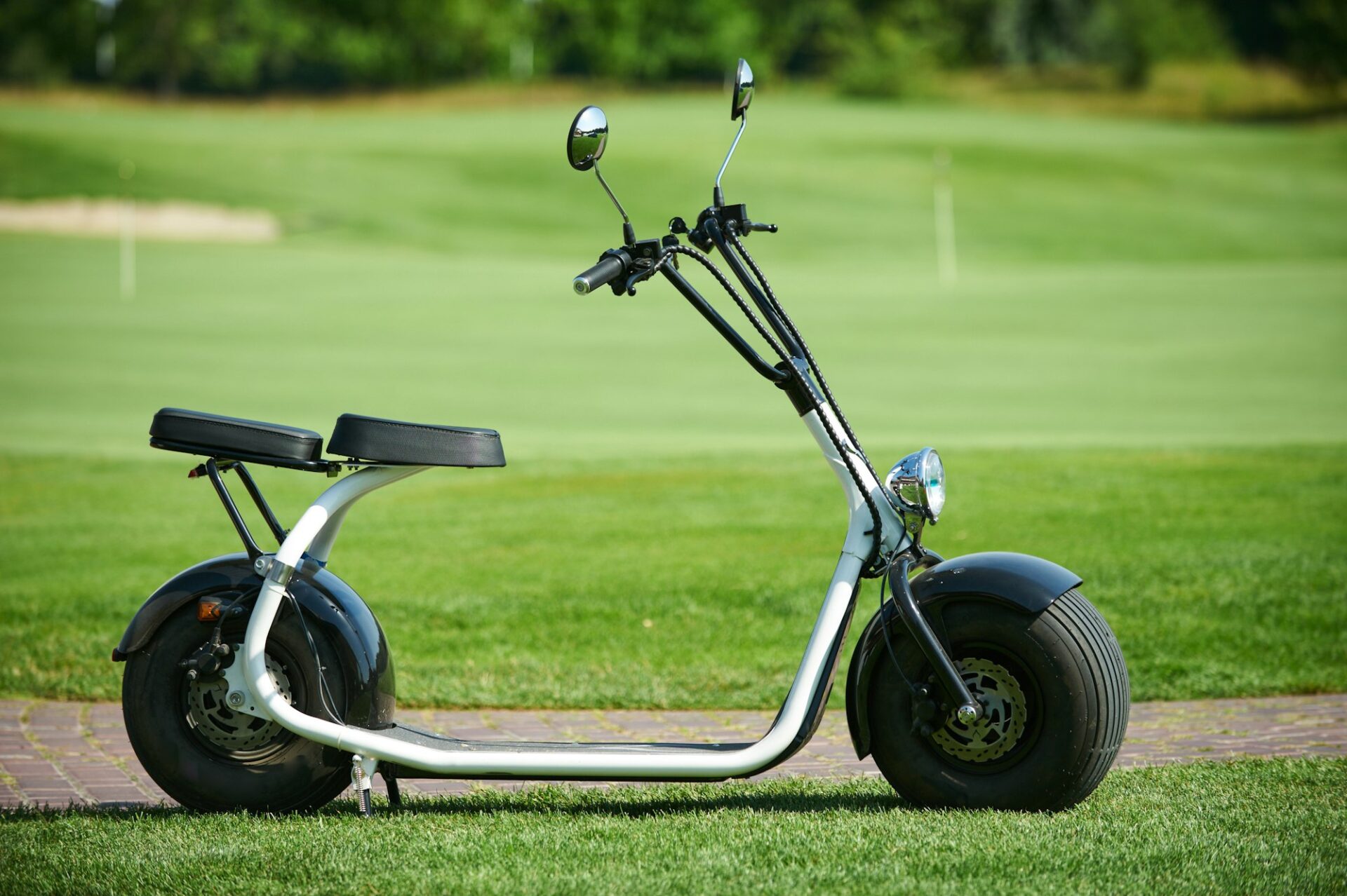 electric luxury scooter on green lawn background